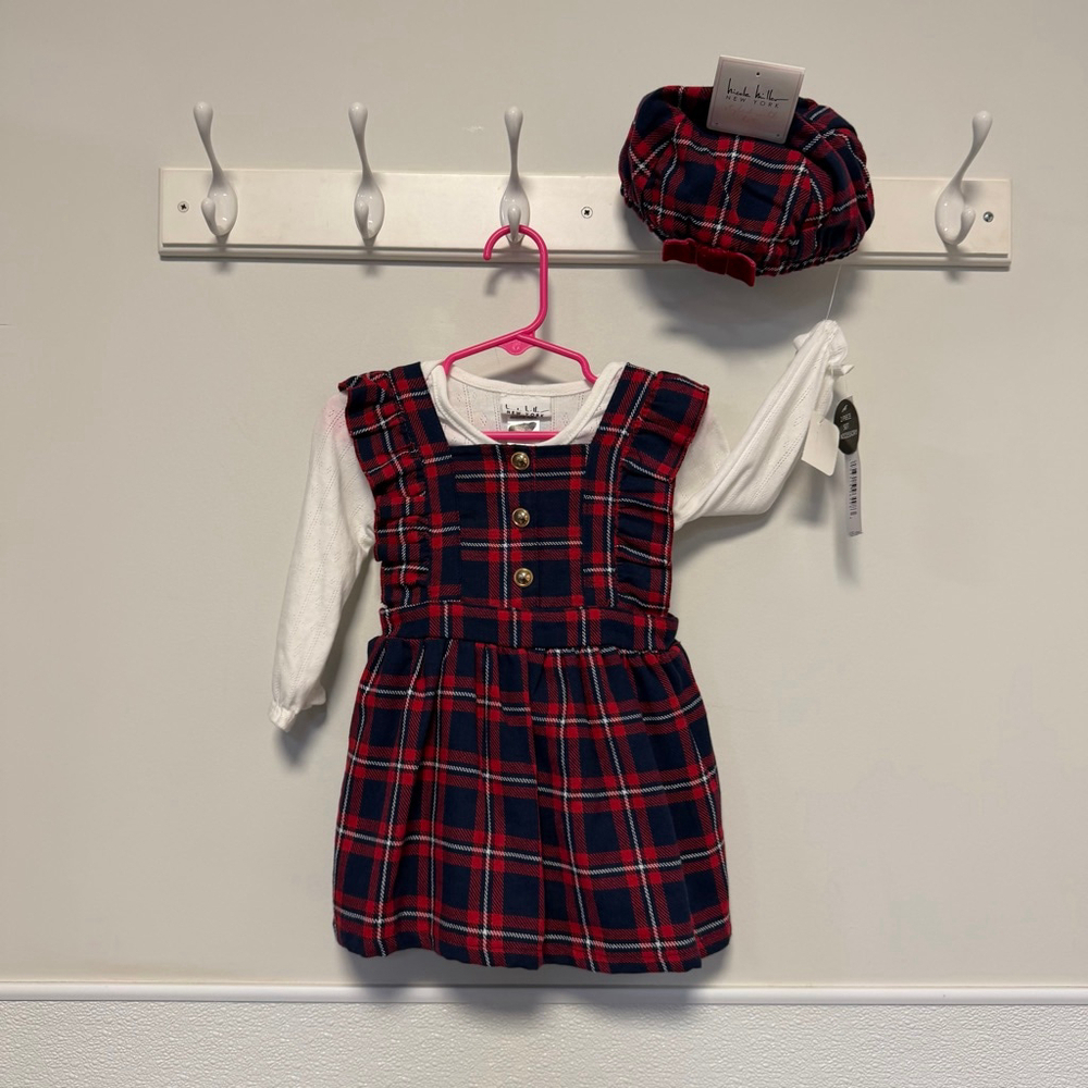 Girls Nicole Miller New York Casual Plaid Dress Hat 18 Months Red Blue NWT New
